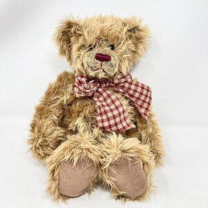 RARE Teddy Hermann Brown Bear‎  with Plaid Bow Long Hair Burgundy Nose